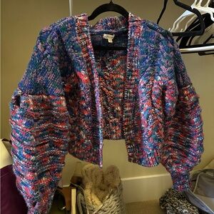 For Love And Lemons Multicolor Chunky Knit Cropped Cardigan - Blue/Pink/Purple